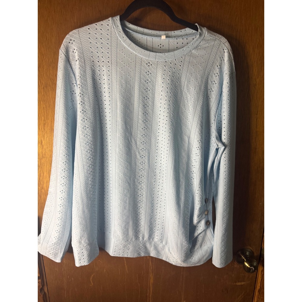Light Blue Eyelet Long Sleeve Top XXL Crewneck Side Button Detail Knit Blouse